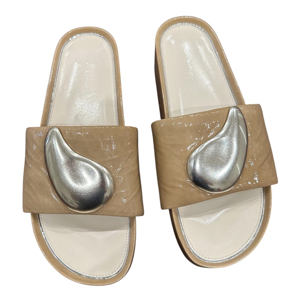 Tory Burch Beige Patent Leather Platform Slide Sandals Silver Hardware Size 10
